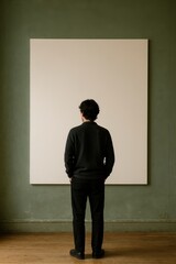 Obraz premium Solitary Reflection: A lone figure stands contemplating a blank canvas, their back to the viewer, invoking a sense of introspection and the potential for artistic creation.