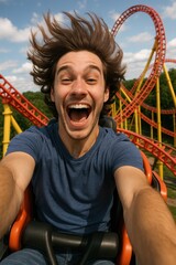 Rollercoaster Ride: A thrilling moment captured as an individual experiences the ultimate rush of a rollercoaster, hair flying, face filled with pure joy and excitement. A vibrant, dynamic.