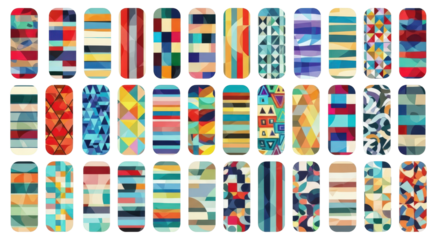 Colorful patterns of various designs and styles arranged in a grid formation.