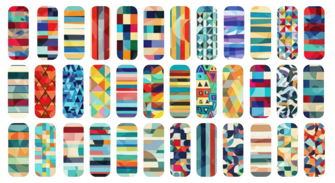 Colorful patterns of various designs and styles arranged in a grid formation.
