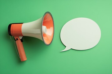 Megaphone and speech bubble on a green background bullhorn