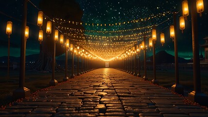 Cinematic wide shot of a glowing golden landscape