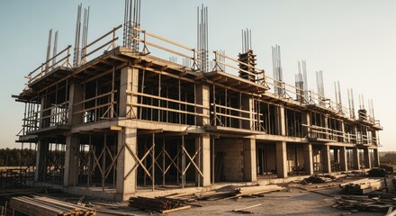 Exposed concrete building under construction at golden hour