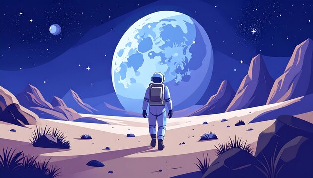 Astronaut walks towards a giant moon on an alien landscape