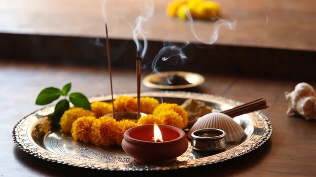 Close-up of a Sacred Hindu Puja Thali with Rising Incense Smoke and a Flickering Diya Flame.