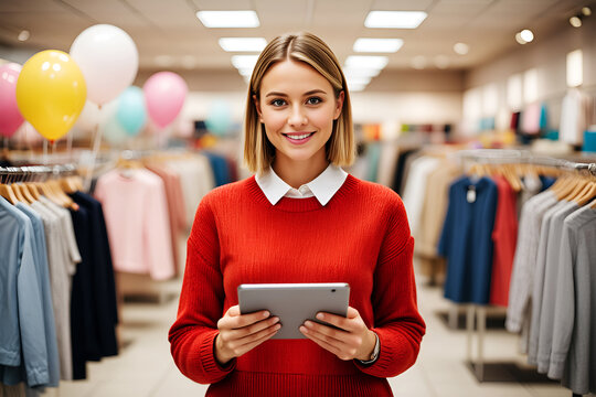Woman holding tablet in clothing store retail