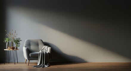 Armchair with blanket near wall and plants