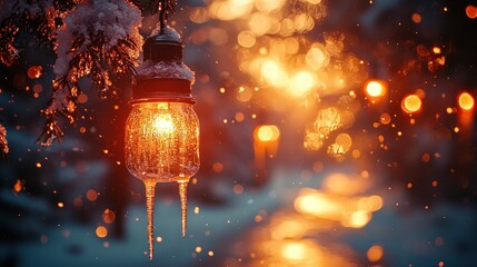 Glowing mason jar lantern hanging on snow-covered tree branch with icicles, bokeh lights background.