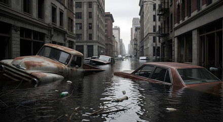 A modern Flooding City street, devastated by deluge, features abandoned vehicles submerged in rising waters amidst urban decay and crumbling architecture