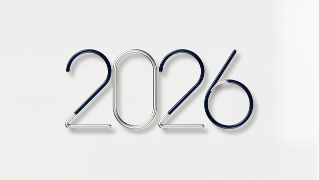 Elegant minimalist typography artwork showing the year 2026 within the modern metallic and navy design upon a clean white background, emphasizing sleek style and refined aesthetics