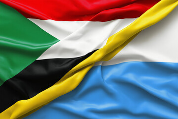 High resolution image of Sudan and South Sudan national flags together, full frame filled with waving fabric texture, clean sharp folds, photorealistic