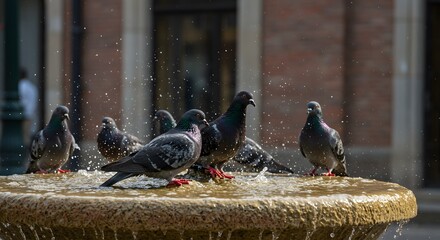 Pigeons bathing in fountain water sunny day outdoor scene with building