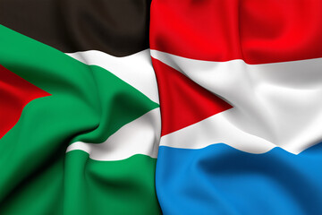 High resolution image of Sudan and South Sudan national flags together, full frame filled with waving fabric texture, clean sharp folds, photorealistic