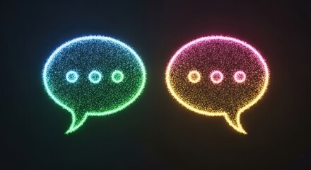 Glowing, fuzzy speech bubbles in teal/green and yellow/pink on dark background