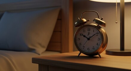 Gold alarm clock sits on wooden nightstand next to soft, illuminated lamp