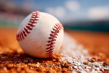 Baseball resting on the infield dirt near the foul line in a stadium on a sunny day game setting