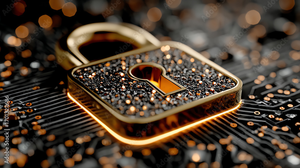 Poster a close-up of a digital padlock symbolizing cybersecurity and data protection on a circuit board bac