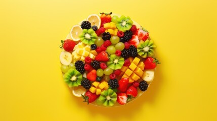 Colorful Mixed Fruit Plate on Bright Yellow Background