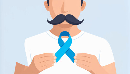 Man with a mustache holding a light blue ribbon, symbolizing prostate cancer awareness and Movember men's health campaign