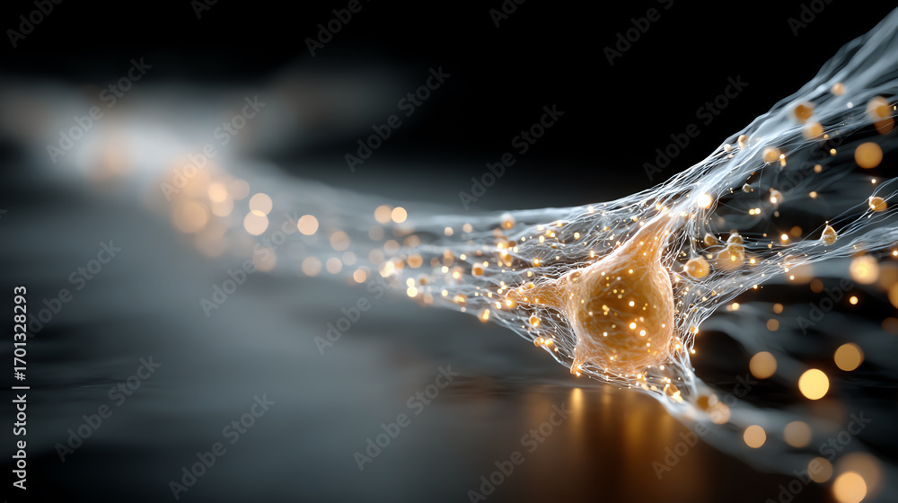 Poster a close-up view of a neuron with glowing synapses, depicting the intricate communication within the 