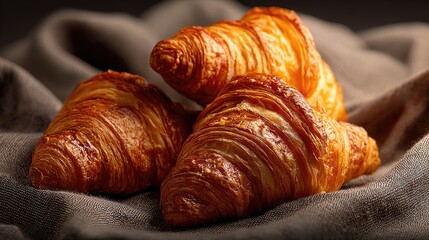 Golden croissants piled on a textured cloth