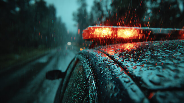 A close-up view of a police car's flashing light during a rainy night, capturing the intensity and drama of emergency response.