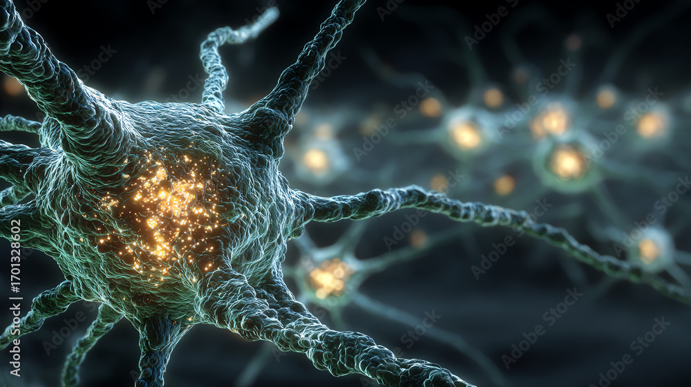 Poster a close-up view of interconnected neurons showcasing their intricate structure and glowing activity 