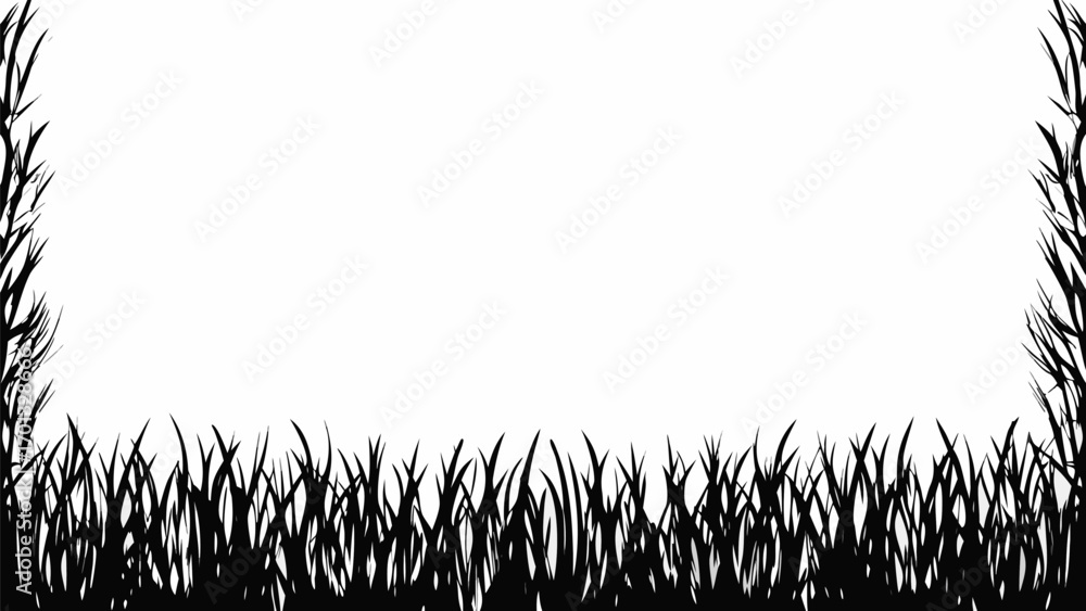 Poster vector silhouette of dense grass at the bottom and sparse branches on the sides forming a frame on w