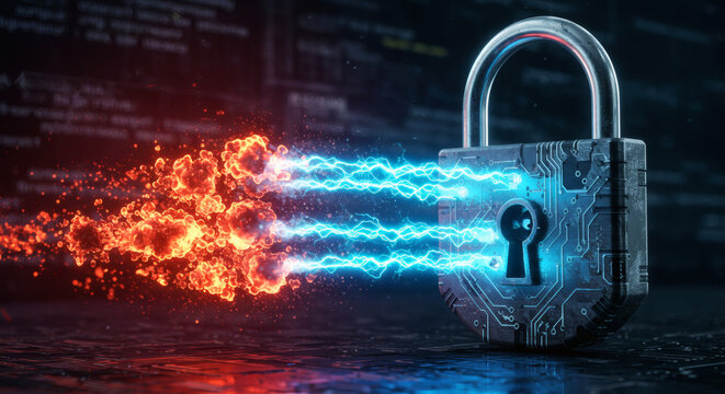 Conceptual representation of digital cybersecurity, where a padlock is under a fiery malware attack and defended by a blue data firewall