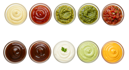 Assortment of various dips and sauces served in clear bowls Isolated on transparent background