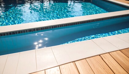 Close up of a swimming pool with wooden deck.