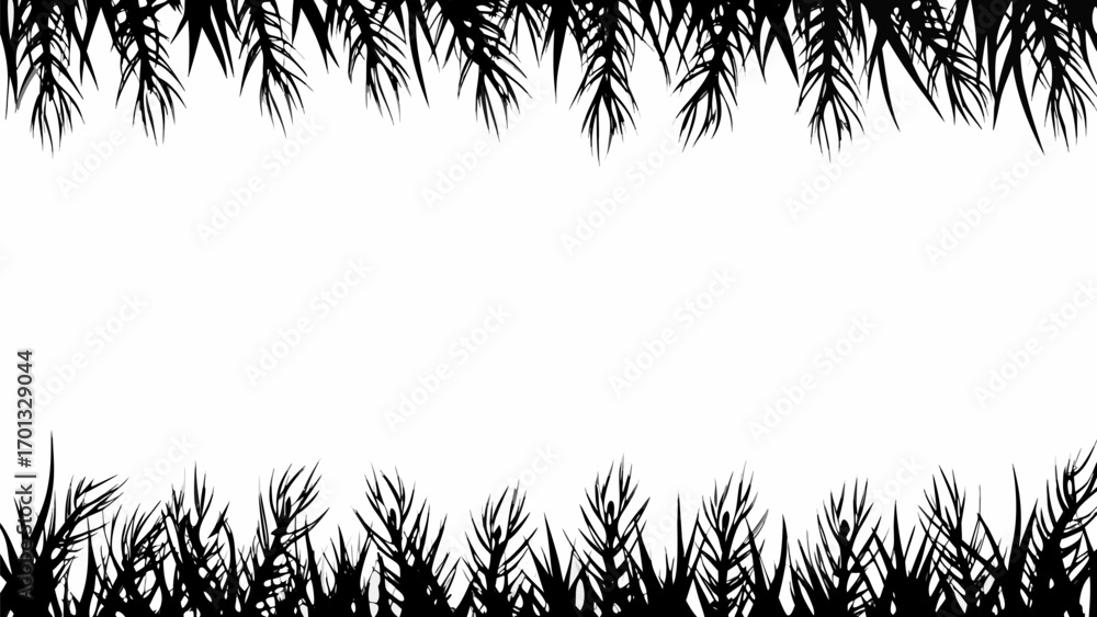 Poster vector silhouette of grass at the bottom and hanging leaves at the top creating a frame on white bac