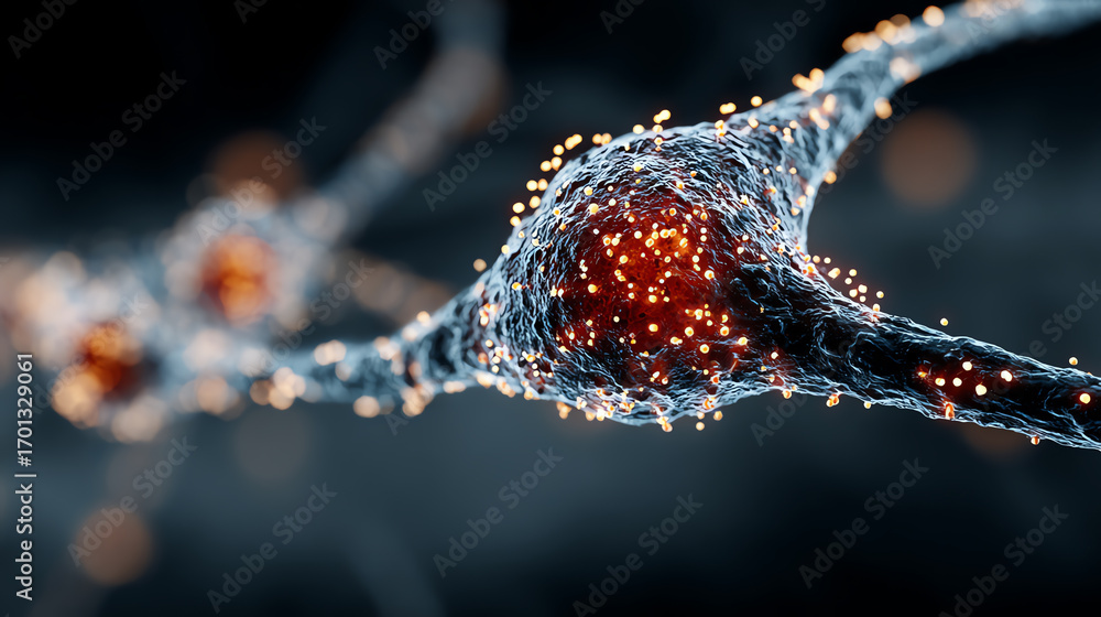Poster a detailed close-up of a neuron showcasing synapses, glowing particles, and intricate structures tha