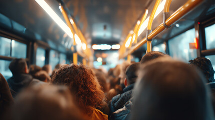 A crowded public bus interior capturing the hustle and bustle of daily commutes in modern urban settings.