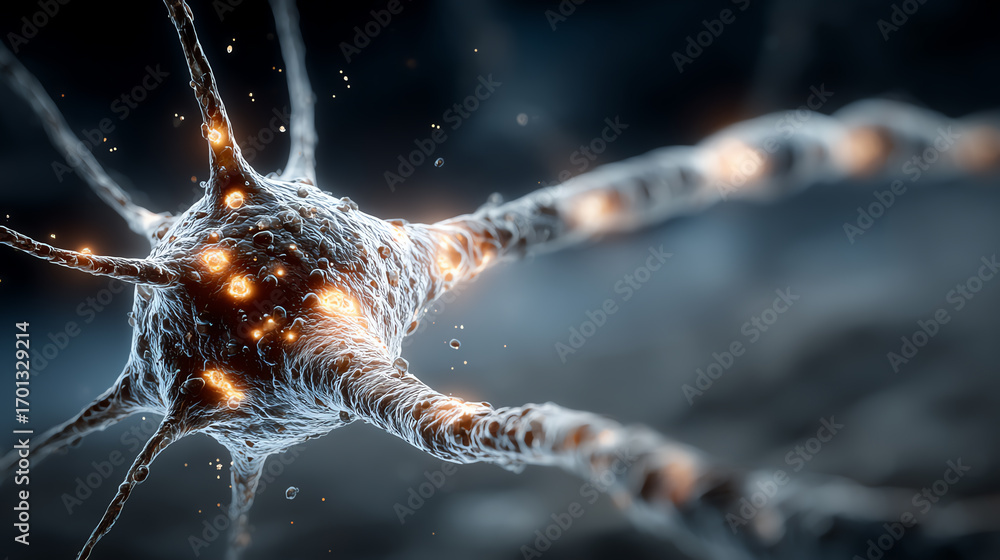 Aufkleber a detailed depiction of a neuron showcasing its intricate structure and glowing features, representi