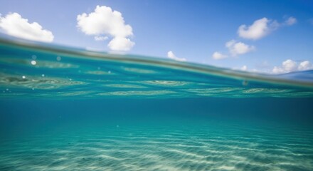 Half underwater, half sky with clouds. Clear water meets blue sky