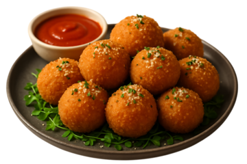 Delicious golden fried arancini balls appetizer served with a side of tomato dipping sauce Isolated on transparent background