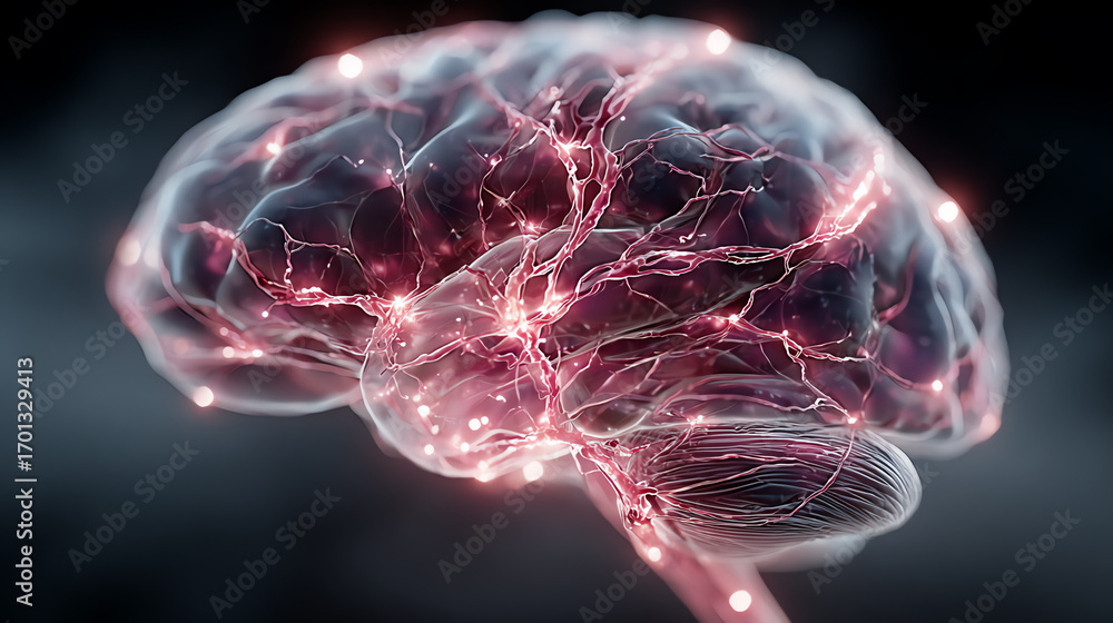 Poster a detailed illustration of a brain with glowing neural connections, representing advanced cognitive 