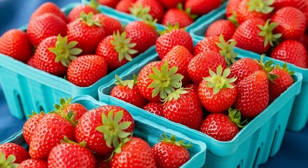 Fresh ripe strawberries in blue baskets perfect for summer treats