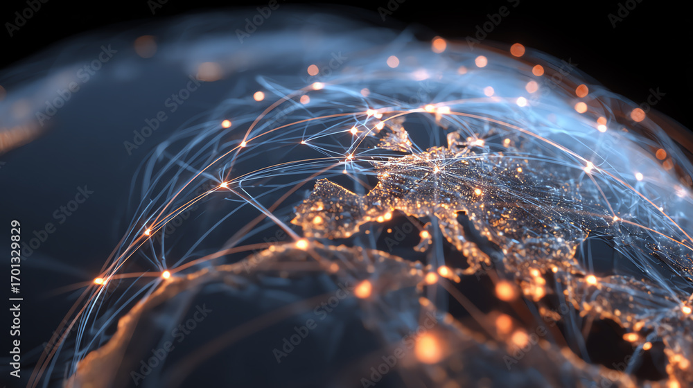Poster a digital representation of global connectivity showcasing networks and lights over a map of europe,