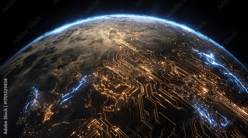Poster a digital representation of earth illuminated by circuit patterns, symbolizing the integration of te