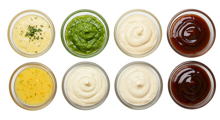 Overhead view of various sauces in bowls including mayonnaise and barbecue Isolated on transparent background