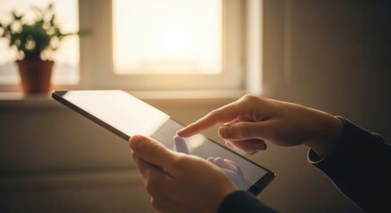 Hands touch a tablet device near a bright window, plant in the background