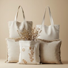 Beige Cotton Tote Bags & Cushions with Embroidery
