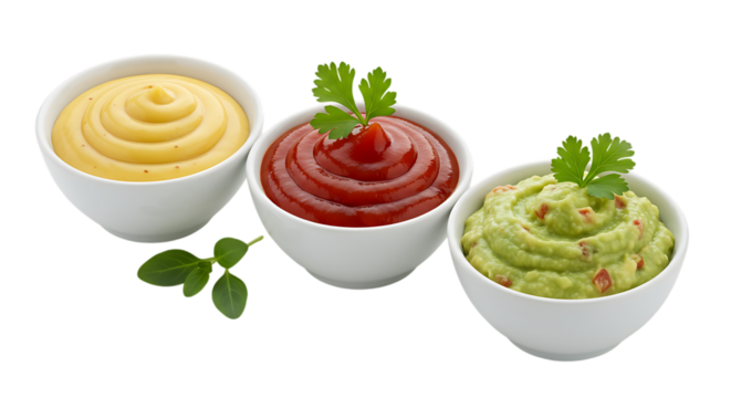 Three sauces in white bowls ketchup mustard and guacamole fresh condiments Isolated on transparent background - Powered by Adobe