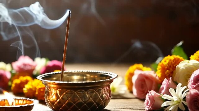 Ethereal Smoke from a Burning Incense Stick Drifts Over a Serene Altar with a Diya Lamp and Colorful Flowers