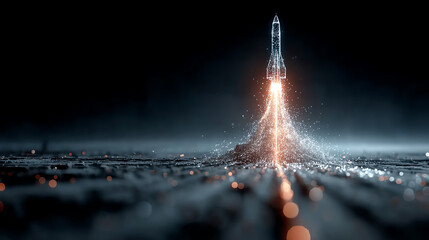 A futuristic rocket launches into the dark sky, showcasing advanced technology and the allure of space exploration.
