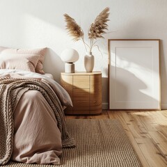 Mockup poster frame in a serene minimalist bedroom corner with blush-toned bedding, chunky knit throw, wooden nightstand, pampas grass decor, and natural light