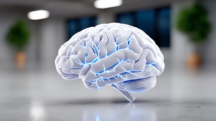 A highly detailed 3D rendering of a human brain with glowing neural connections, set in a modern, minimalist environment.