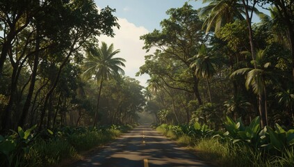 Obraz premium Winding road through dense forest landscape